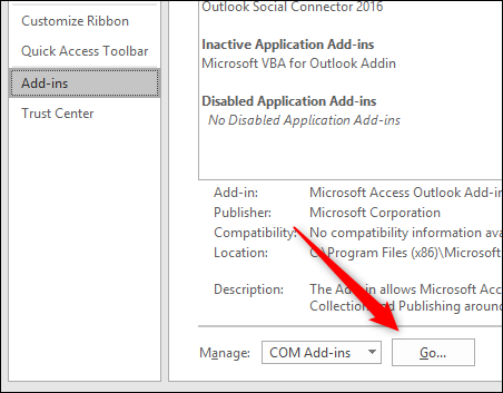 The Go button for managing add-ins