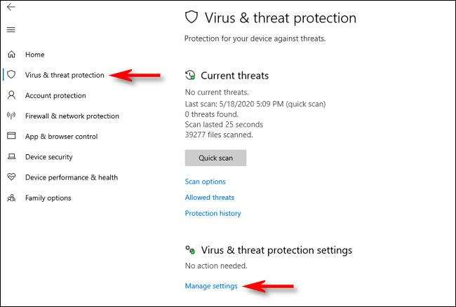 Click manage settings in Windows Security on Windows 10