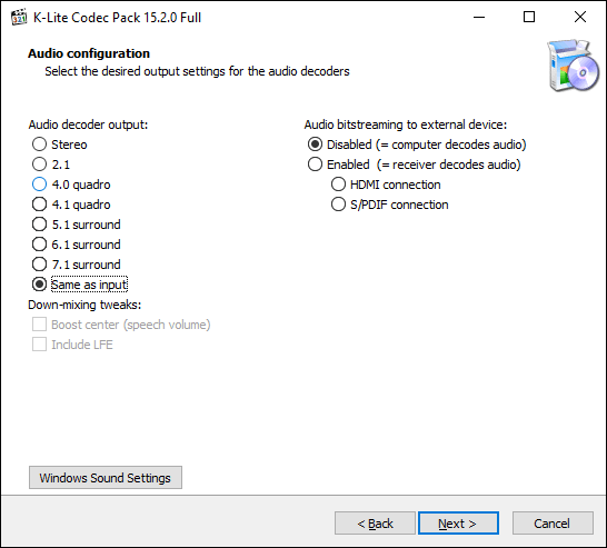 Confirm your audio configuration options during the K-Lite installer, then click Next