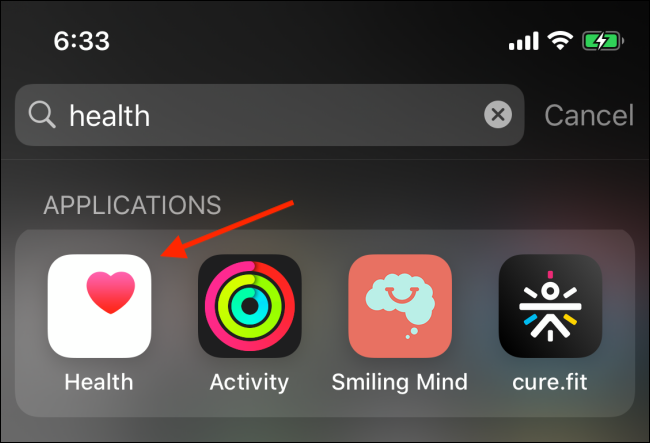 Tap the Health app to open it from Spotlight search on iPhone.