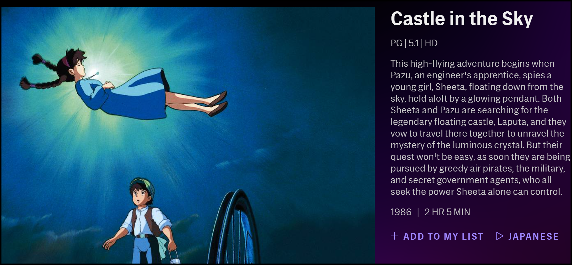The description of "Castle in the Sky" on HBO Max.