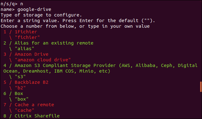 rclone remote connection type menu in a terminal window