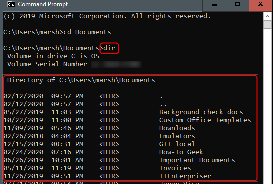 The "dir" command and a directory's contents in Command Prompt.