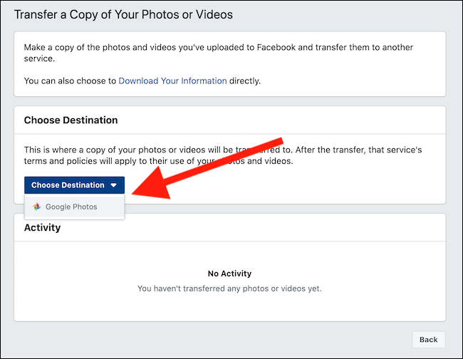 Select the "Choose Destination" drop-down menu and then click "Google Photos"