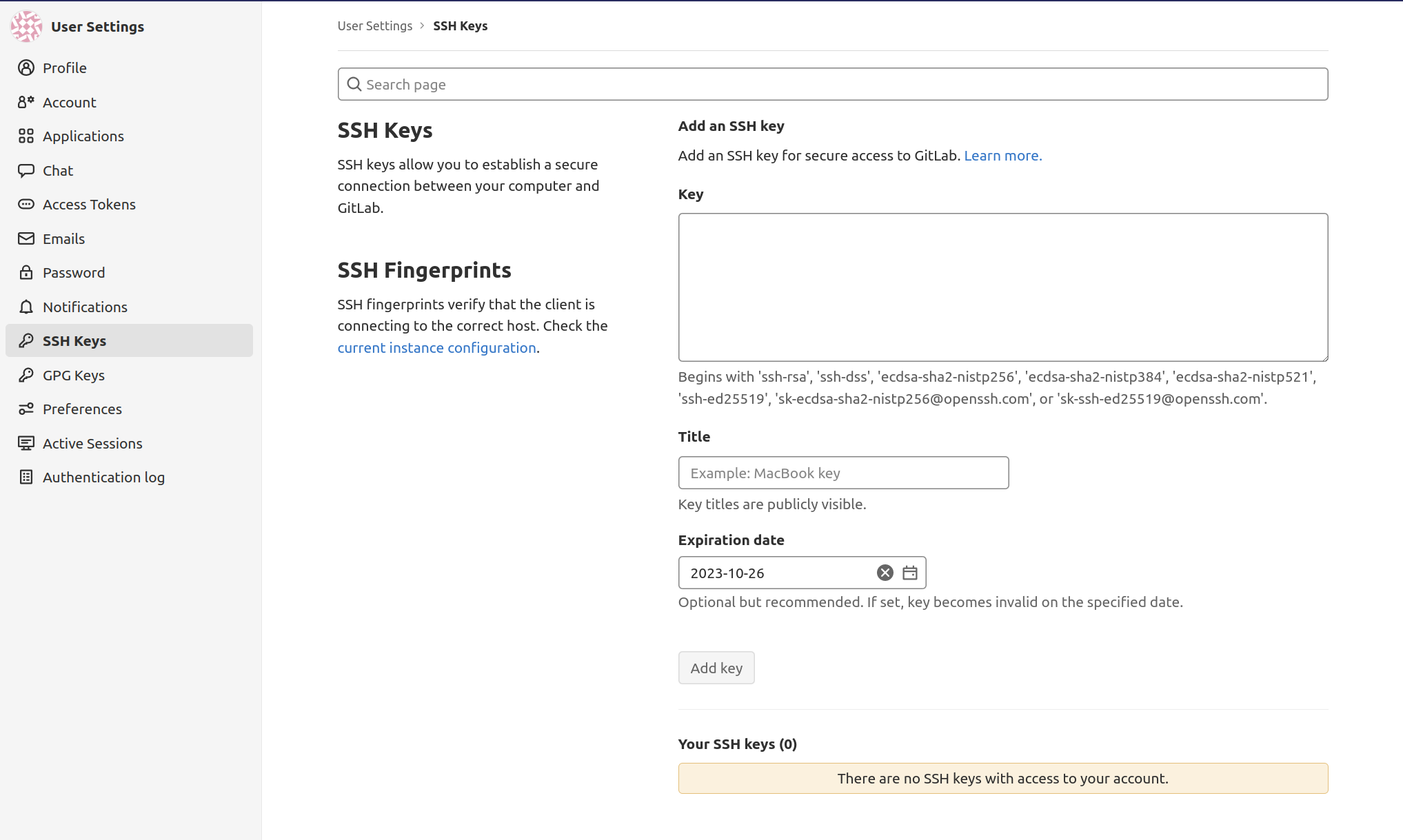 The SSH Keys page where you can enter your SSH public key.