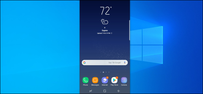 Android phone screen mirrored to a Windows 10 desktop with scrcpy