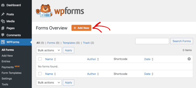 WPForms 表单概览中的 + 添加新按钮