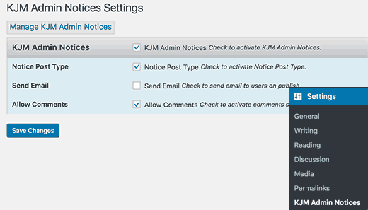 KJM Admin Notices settings