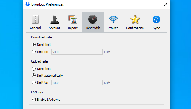 Dropbox preferences showing Enable LAN sync options