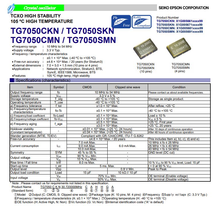 EPSON的温补晶振TG7050SKN