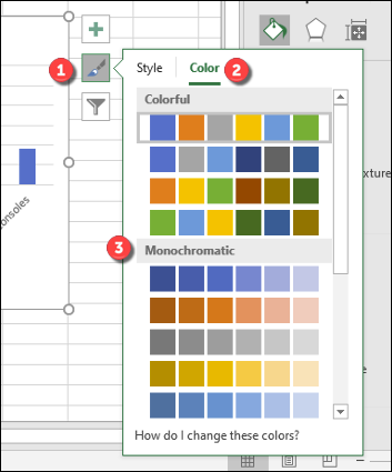 Click the "Color" tab under the "Chart Style" options menu to change the colors used in your Excel bar chart