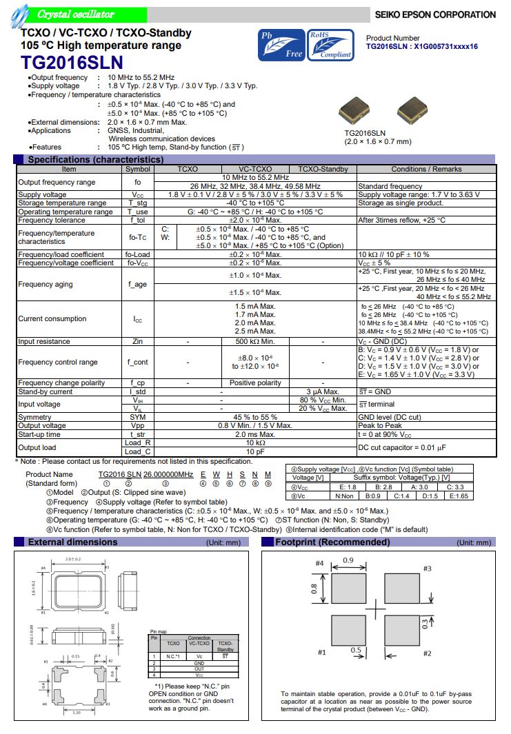 TG2016SLN爱普生38.400000MHz温度补偿振荡器X1G005731070216