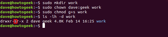 The "sudo mkdir work," "sudo chown dave:geek work," "sudo chmod g+s work," and "ls -lh -d work" commands in a terminal window.