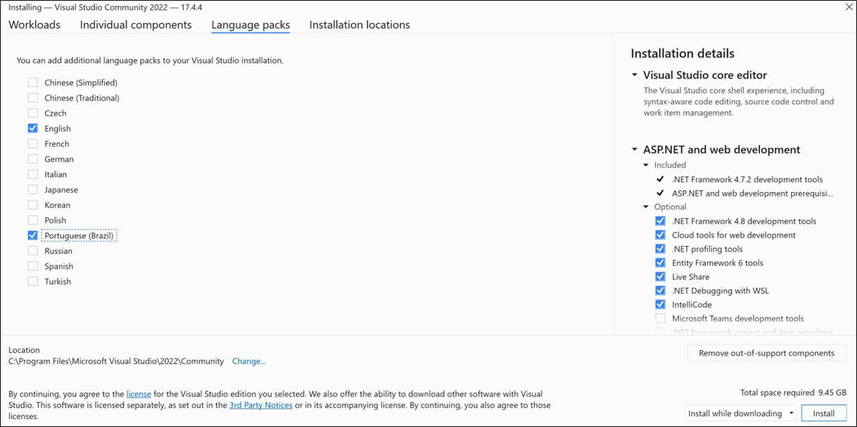 显示 Visual Studio 安装程序的“语言包”选项卡的屏幕截图。