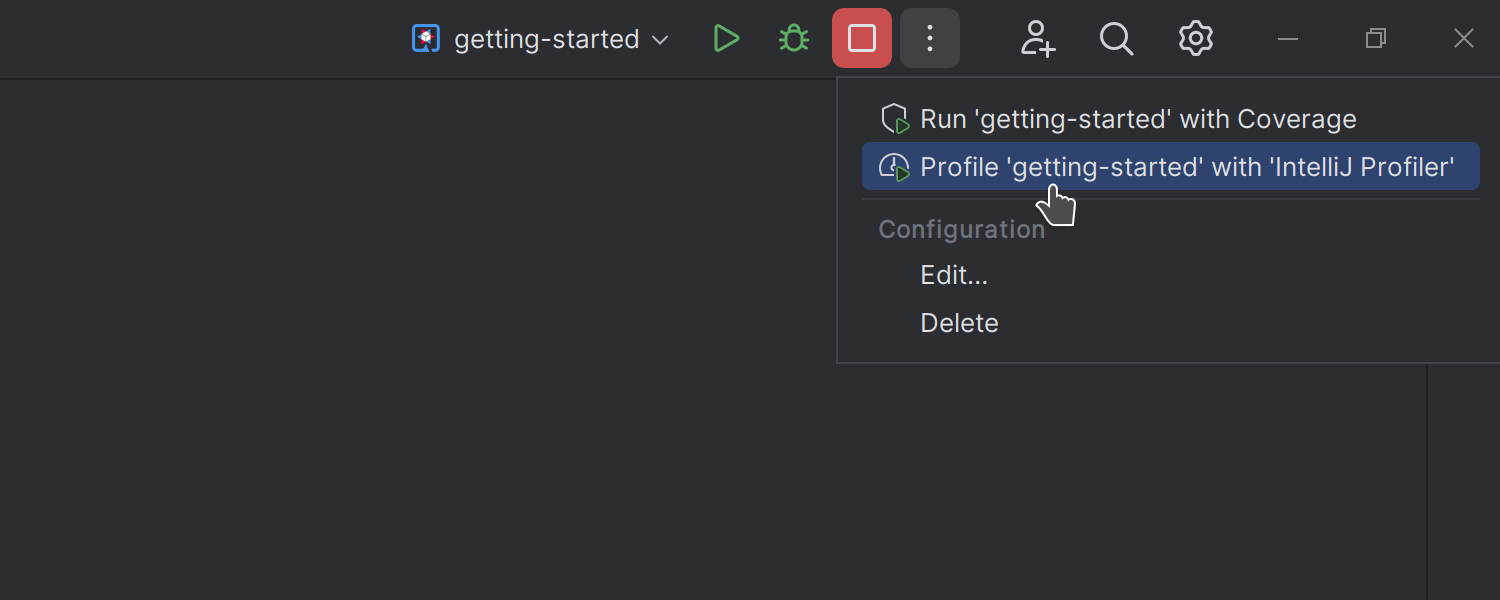 Run with Coverage（使用覆盖率运行）和 Profile with IntelliJ Profiler（使用 IntelliJ Profiler 分析）可用于 Quarkus 项目