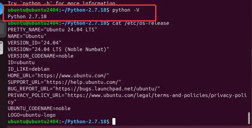 在 Ubuntu 24.04 上安装并检查 Python 2.7 版本