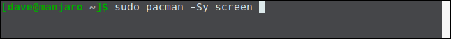 The "sudo pacman -Sy screen" command in a terminal window.