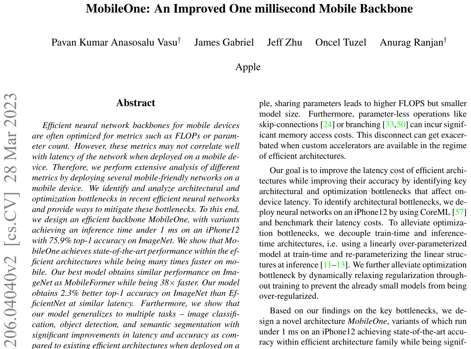 论文解读：MobileOne: An Improved One millisecond Mobile Backbone