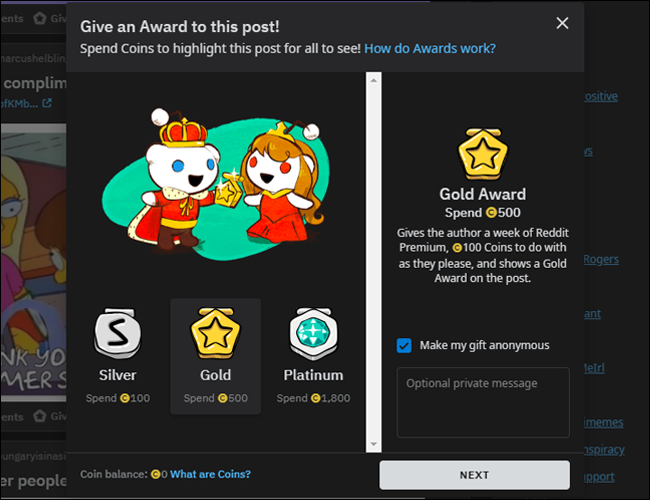 The "Give an Award to This Post" window on Reddit. 