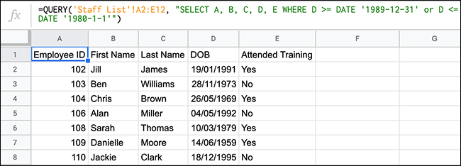 The QUERY function in Google Sheets, with two search criteria using OR excluding a set of dates.