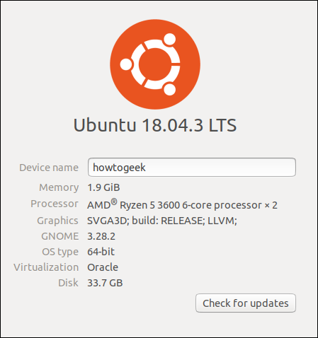 The GNOME Settings "About" tab on an Ubuntu virtual machine.