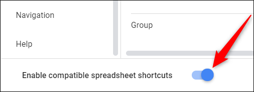 Click the toggle next to "Enable compatible spreadsheet keyboard shortcuts" to on.