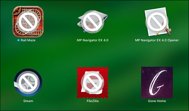 An example of 32-bit Mac apps that are crossed out in Launchpad on macOS.