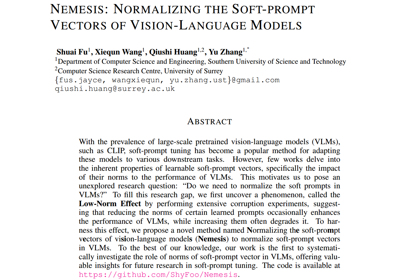 NEMESIS: NORMALIZING THE SOFT-PROMPT VECTORS OF VISION-LANGUAGE MODELS