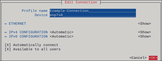 nmtui ethernet dynamic IP