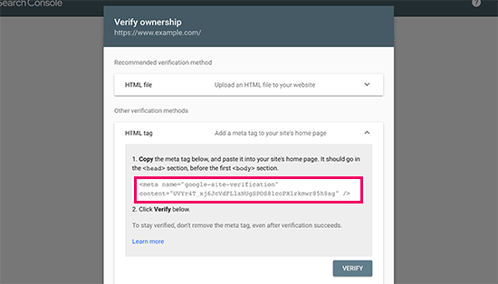 Verify your site using the HTML tag