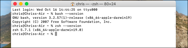 Viewing the versions of Bash and Zsh on macOS Catalina.