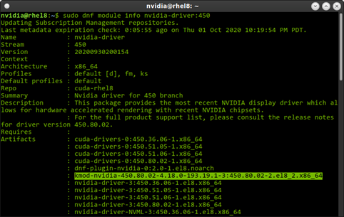 `sudo dnf module info nvidia-driver:450 的终端输出。 