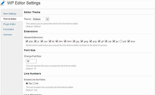 Adjusting settings for replacement theme editor for WordPress
