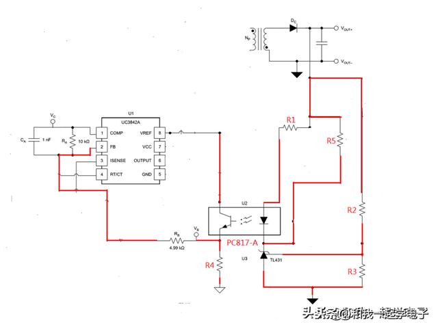 整體電路 影響電壓反饋的電子元器件已經用紅色符號標出,電路已經使用