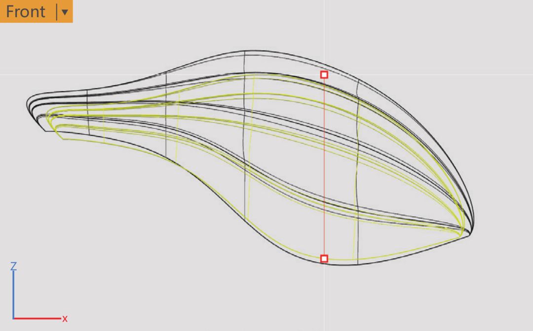 step 25在【front】视图中,使用 【curve 控制点曲线】工具,沿着曲面