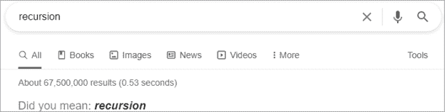 谷歌搜索术语“递归”的截图。在搜索栏下方是一个横幅，上面写着“您是不是要找：递归。”