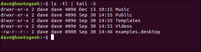 ls -lt | tail -5 in a terminal window