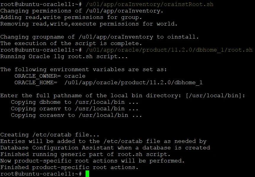 Running scripts to finish installing Oracle database on Ubuntu
