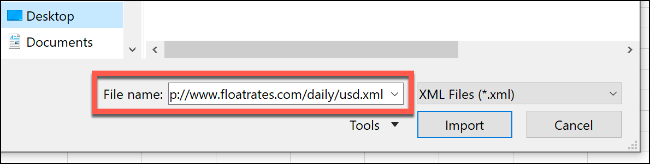 Paste the URL in the "File Name" box, and then click "Import."