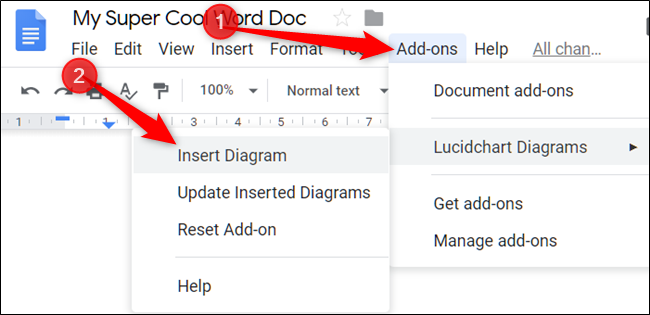 Click "Add-ons," select "LucidChart Diagrams," and then click "Insert Diagram."