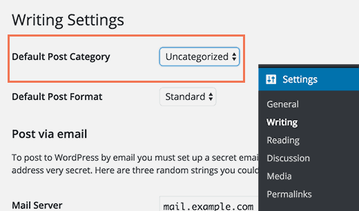 Default post category setting in WordPress