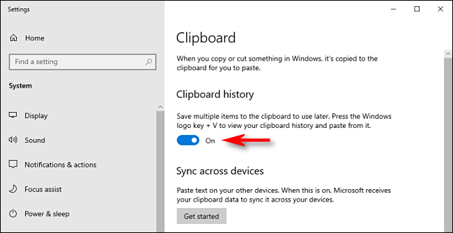 Toggle-On "Clipboard history" in Windows 10.