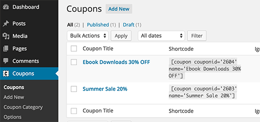 Coupon shortcodes to use in your WordPress posts and pages