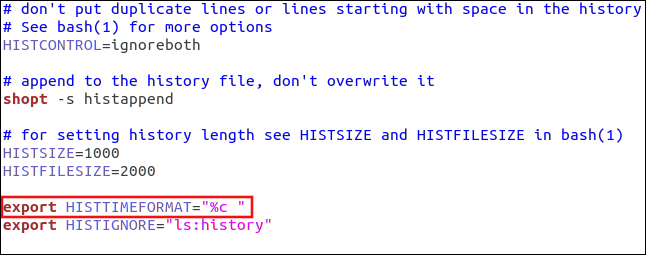 An "export HISTTIMEFORMAT="%c " command in gedit.
