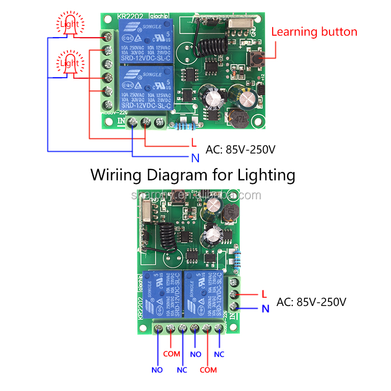 433 Mhz通用无线遥控开关AC 85V ~ 250V 110V 220V 2CH继电器接收器模块和RF 433 Mhz遥控器