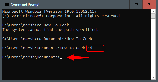 The "cd . . " command in Command Prompt.