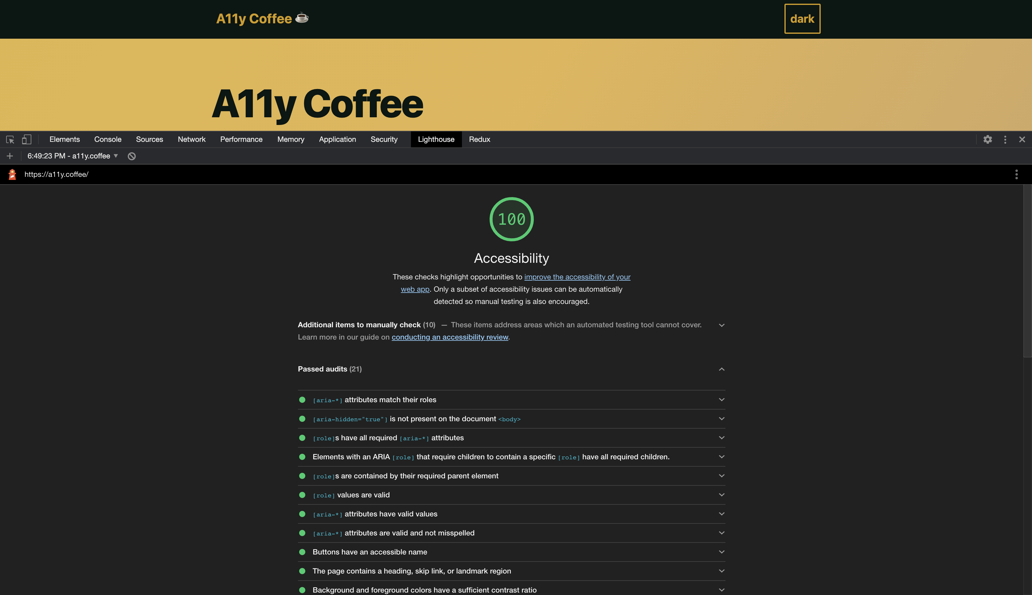 a11y.coffee’s Lighthouse accessibility score of 100%