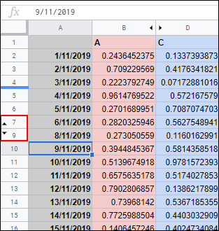 Click the opposite arrows to display a hidden row in Google Sheets