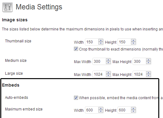 Media Settings oEmbed Width