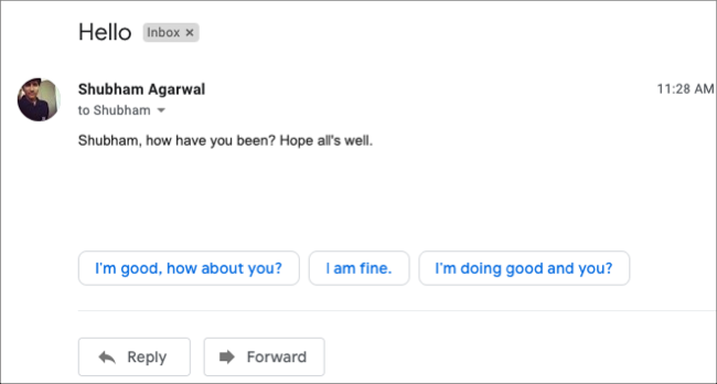 Three auto-generated smart replies in an email in Gmail. 